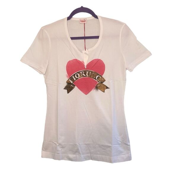 FIORUCCI Heart Graphic Tee Gray Cotton Knit Split Scoop Neck Short Sleeve L - Picture 1 of 5